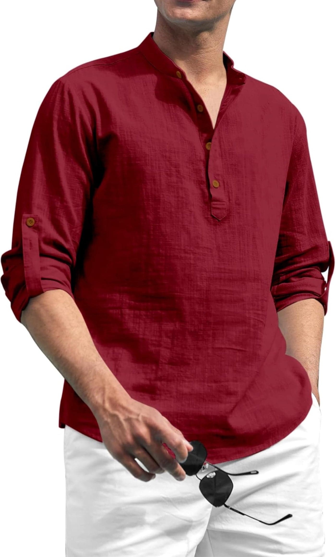 Zombom Cotton Polyester Blend Solid Casual Regular Fit Mandarin/Chinese Collor Short Kurta for Men Maroon