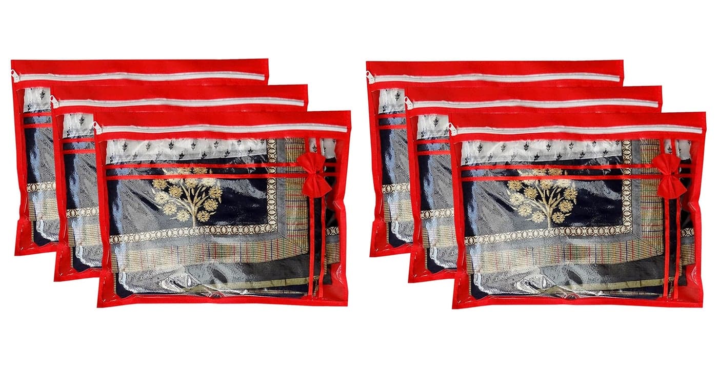 DIKHAWA 6 Piece Non Woven Single Packing Saree Cover, Cloth Cover with Lace (43X35 CM_RED)