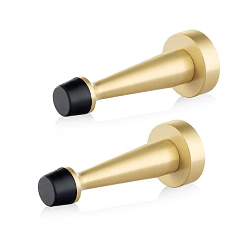 QOGRISUN's Heavy Duty Solid Brass Door Stops,3-1/4-inch Total Length of Decorative Gold Door Stopper Wall Protector with Rubber Bumper Tip - Brushed Brass (2-Pack)
