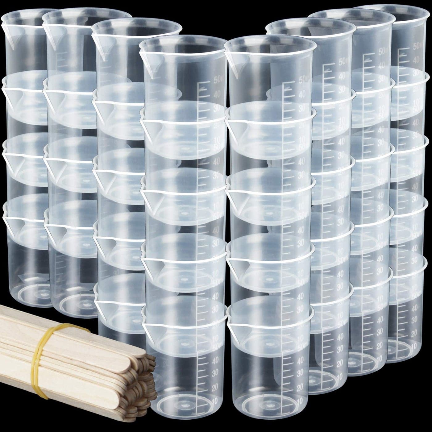 LEOBRO 50ml17oz Epoxy Mixing Cups 38PCS Graduated Epoxy Resin Cups Pouring Cup Plastic Beakers Measuring Cup for Resin Epoxy Acrylic Paint with 40 PCS Wood Craft Sticks