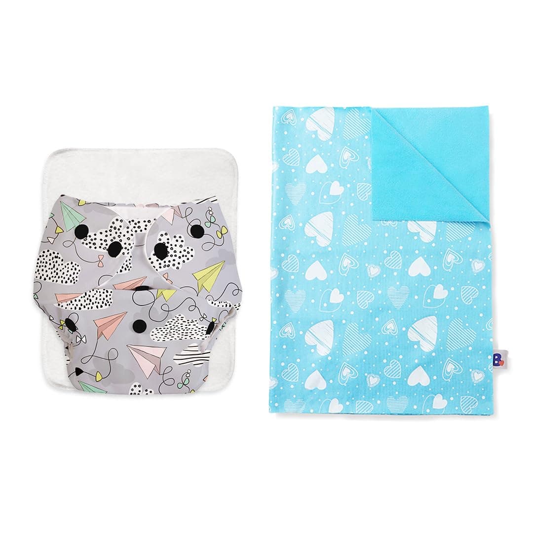 SuperBottoms Basic Airplane Print diaper with soaker | BASIC Bed Protecting Mat Breezy blue print Medium size - Bed & Floor Protector/Playmat, Super Light-Weight, 8.5X Absorbent