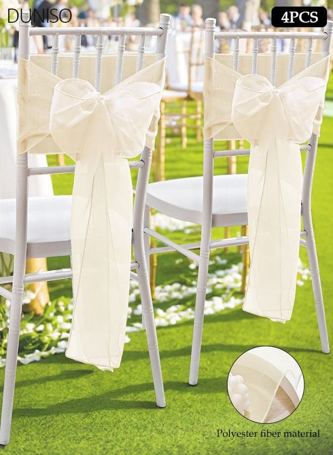 4 Pack Beige Organza Chair Sashes, 275×17cm Organza Sheer Chair Bows for Wedding, Party & Banquet Decoration