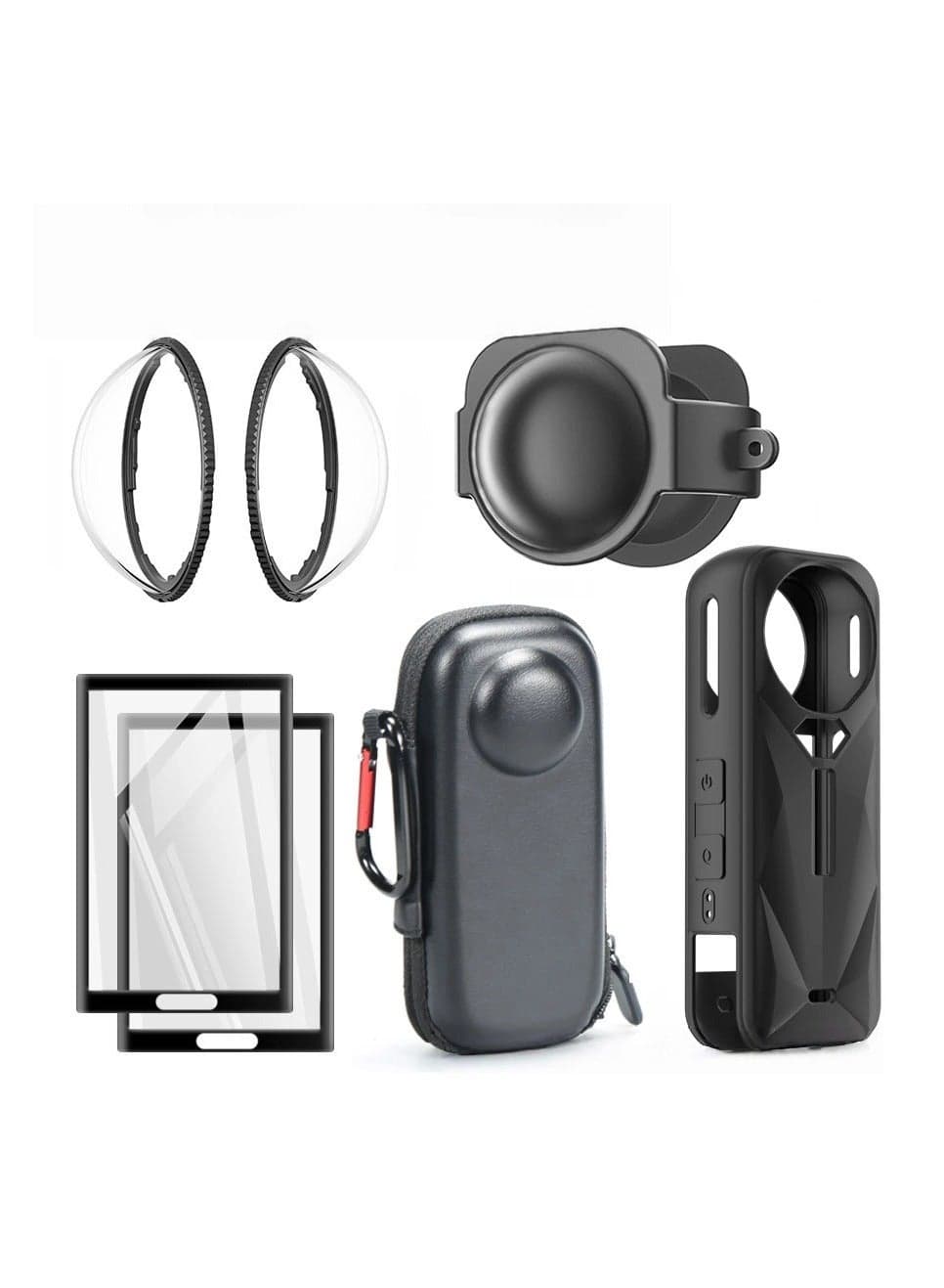 For Insta360 X5 Accessory Kit: Waterproof and Wear-resistant Storage Bag + Anti-skid Silicone Case + High Transparency PC Lens Protector + 2 Anti-Scratch Tempered Film