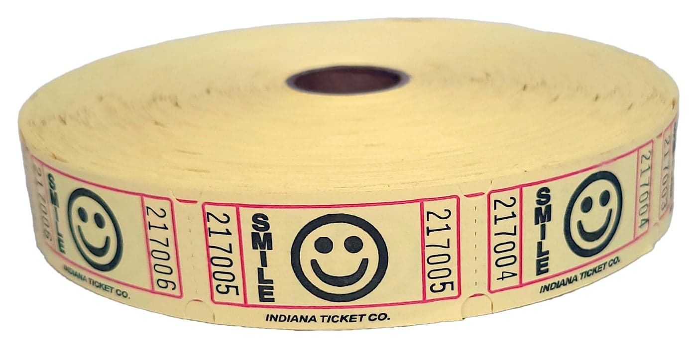 INDIANA TICKET CO. 2000 Raffle Tickets, Smile, Yellow, Single Roll, Tickets for Events, Entry, Classroom Reward, Fundraiser & Prizes (1 of 8 Colors)