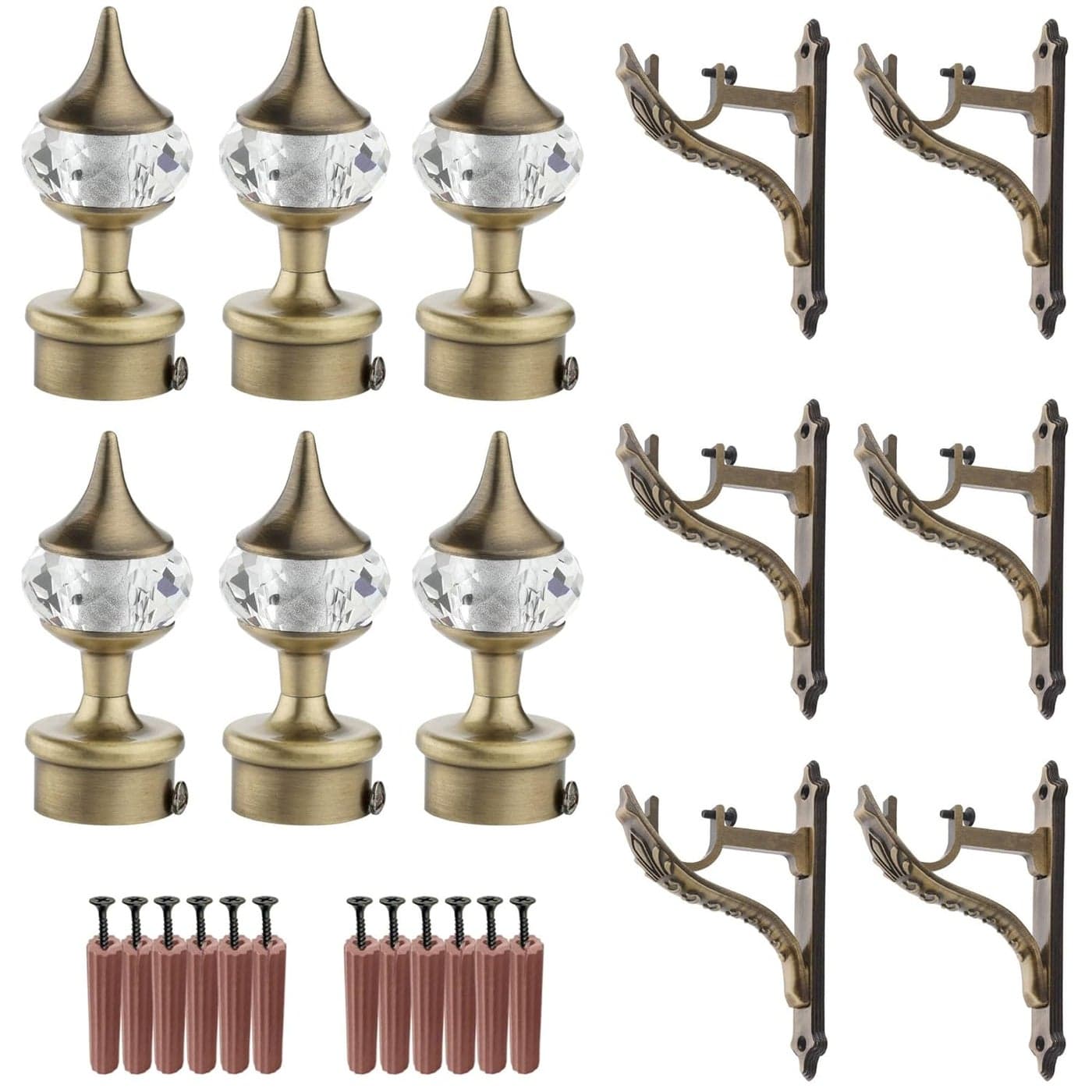 GRIVAN Aluminium Single Diamond Curtain Brackets Parda Holders with Jaguar Support Fittings 1 Inch Rod Pocket Finials Designer Door and Window Antique Pair of 3