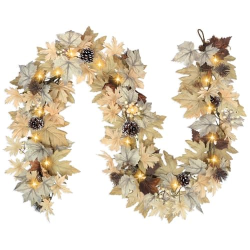 Realistic Fall Garland with Lights, 6 FT Real Touch Feel Leaves Garland with Berries Pine Cones, Fall Decorations for Home Thanksgiving Halloween Decorations Indoor Farmhouse Porch Fireplace