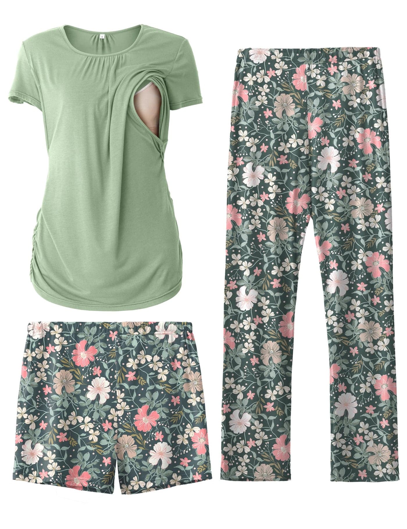 SUNNYBUY Womens Maternity Nursing Pajamas Set, Short Sleeve Breastfeeding Shirts,Pregnancy Shorts & Pants 3 Piece Nursing PJS, Green&Floral Bottoms L