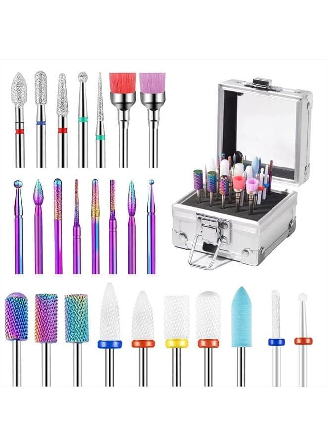 25Pcs Nail Drill Bits Set with Portable Nail Drill Bit Holder, 3/32 Inch Nail Drill Bits for Acrylic Nails, Ceramic Diamond Carbide Cuticle Efile Remover Bits for Home Salon Acrylic Gel Nail Polish