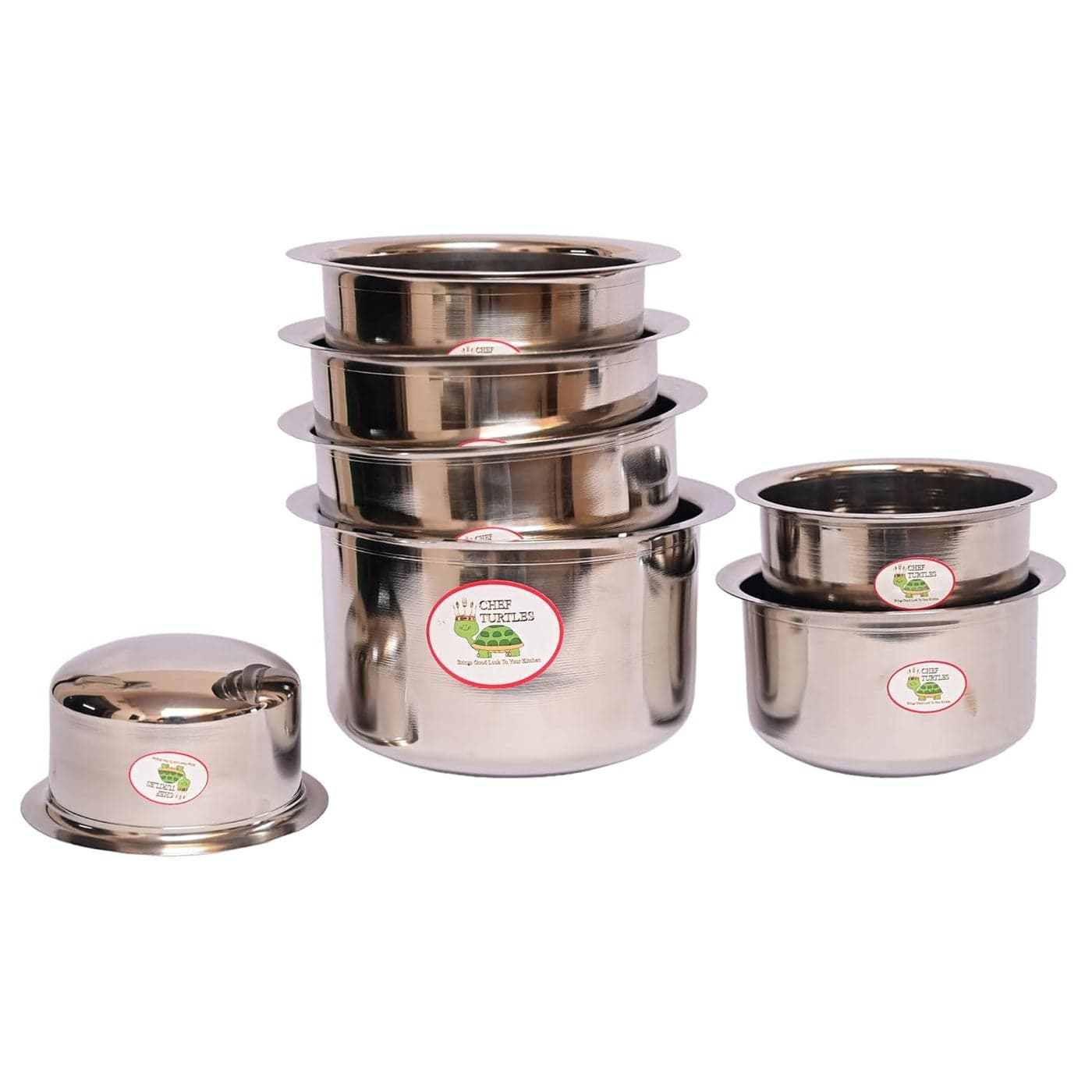 Chef Turtles Stainless Steel PatilaBhagonaPateliTope Set Without LID 7 pcs Tope Set with Capacity of 400ml 600ml 800ml 1liter 16ltrs 2l and 25liters Round Base Gas Stove Friendly