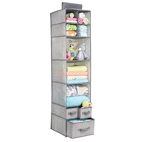 mDesign Fabric Hanging Organizer - Over Closet Rod Storage - 7 Shelves/3 Removable Drawers for Baby Nursery Bedroom Organization - Hold Clothes, Linens, Toys, Accessories - Lido Collection - Gray