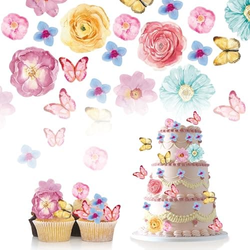 Foowztao 102Pcs Edible Flowers & Butterfly Cupcake Toppers Wafer Paper Wedding Cake Party Hawaii Series Theme Birthday Party Decoration Supplies Mixed Size & Colour