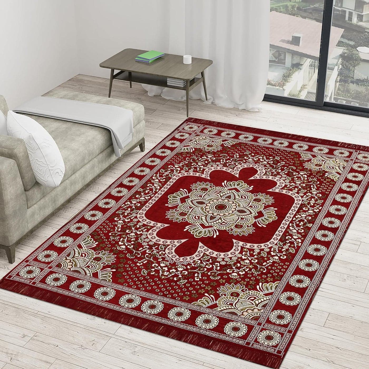 Outlay Home Heavy Fabric Velvet Touch Bedroom Hall Living Room Drawing Room Yoga Hall Designer Velvet Rectangle Carpet 60 Inch X 84 Inch 5 Feet X 7 Feet I 150 Cm X 210 Cm Maroon