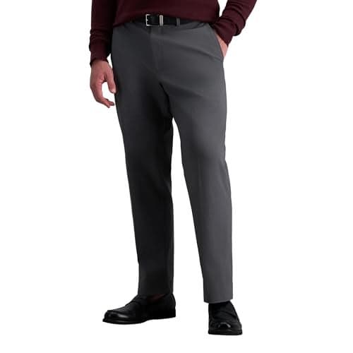 Haggar mens Premium No Iron Khaki Classic Fit Expandable Waist Flat Front Casual Pants, Charcoal Heather, 42W x 29L US