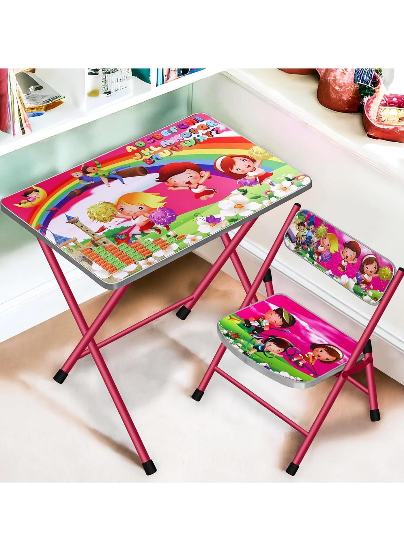 Kids Folding 1 Table and 1 Chair Set Portable Study Desk Cartoon Themed Play Educational Furniture Easy Fold for Storage Ideal for Snacks Art Homework and Learning Nursery Growing with Your Baby Child