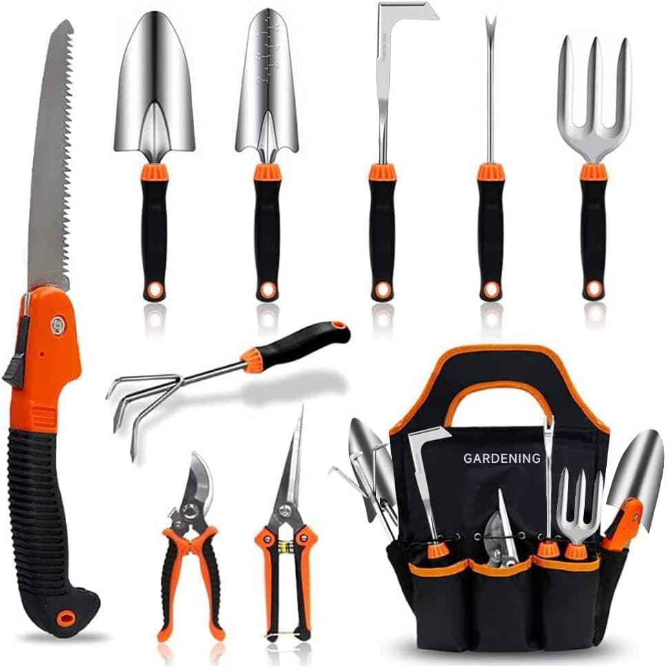 QINGFANGLI Garden Tool Set10 PCS Stainless Steel Heavy Duty Gardening Tool Set with Soft Rubberized NonSlip Ergonomic Handle Storage Tote BagGardening Tool Set Gifts for Women and Men
