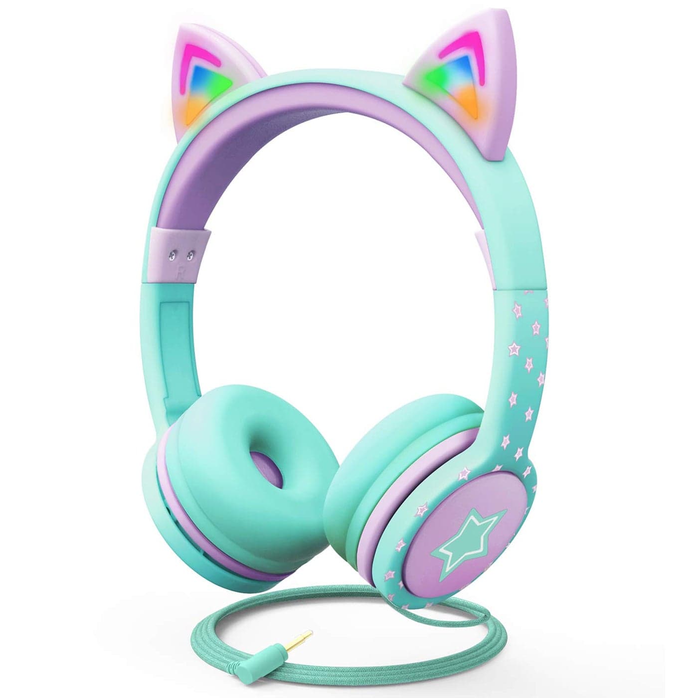 FosPower Kids Headphones with LED Cat Ears (85dB Safe Volume Limit), 3.5mm Soft On-Ear Wired Headphones with Tangle-Free Laced Cables for iPad/Tablet/School/Travel - Teal/Light Purple