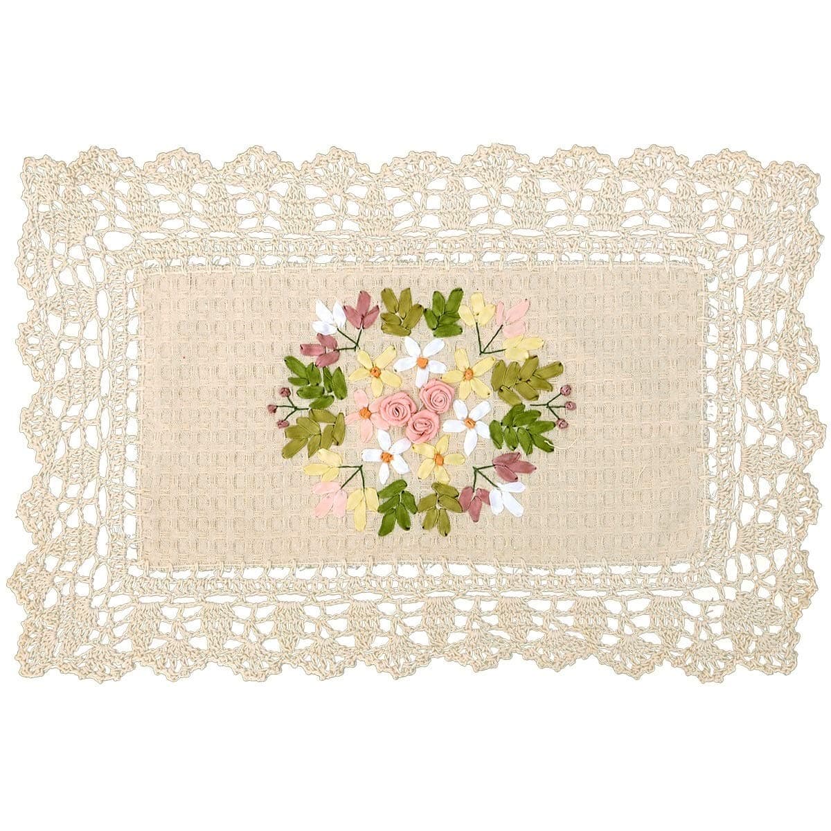 Grelucgo Handmade Crochet Cotton Lace Table Placemats, Ribbon Embroidery, Rectangular 12 by 18 Inches Doilies Set of 4