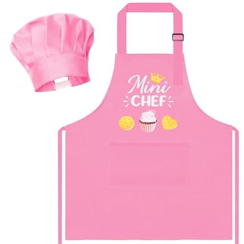 R HORSE Kid Apron and Chef Hat Set 2Pcs Adjustable Children Light Pink Kitchen Toddler Apron for Girls Role Play Chef Toy Cooking Baking Painting and Training Kits Kid Funny Cooking Birthday Gift