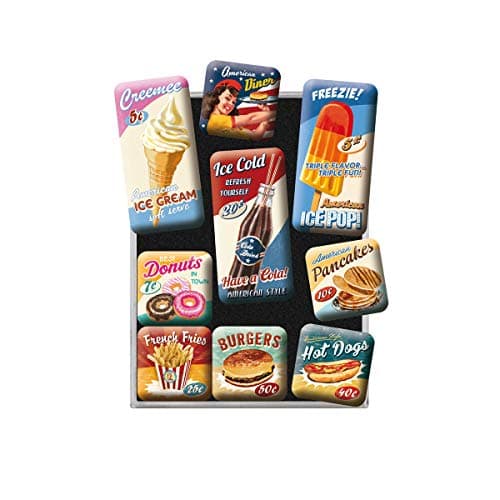 Nostalgic-Art Retro Fridge Magnets, 9 Pieces, American Diner – Gift idea for Diner Fans, Magnet Set for Notice Board, Vintage Design