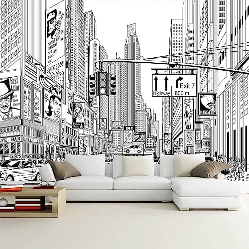 WFBHUABlack and White City Wallpaper Peel and Stick New York Landscape Self Adhesive Wall Mural for Living Room Bathroom Bedroom 82x57