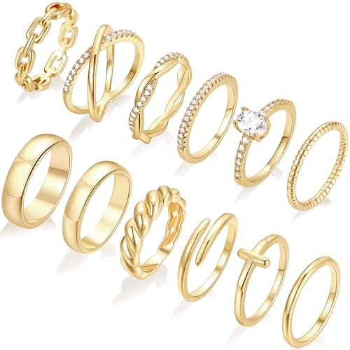 FAXHION 12 PCS Dainty 14K Gold Rings for Women, Eternity Open Chunky Twist Simulated Diamond Criss Cross Designs, Non Tarnish Gold Plated Stacking Thumb Ring, Perfect for Wedding Bands Size 5-11