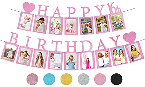 Sweet 16 Birthday Decorations Photo Banner in Purple Preassembled Sweet 16 Banner WITH Sixteen Photo Card Frames Party Supplies Happy 16th birthday decorations for girls with 16 Signs