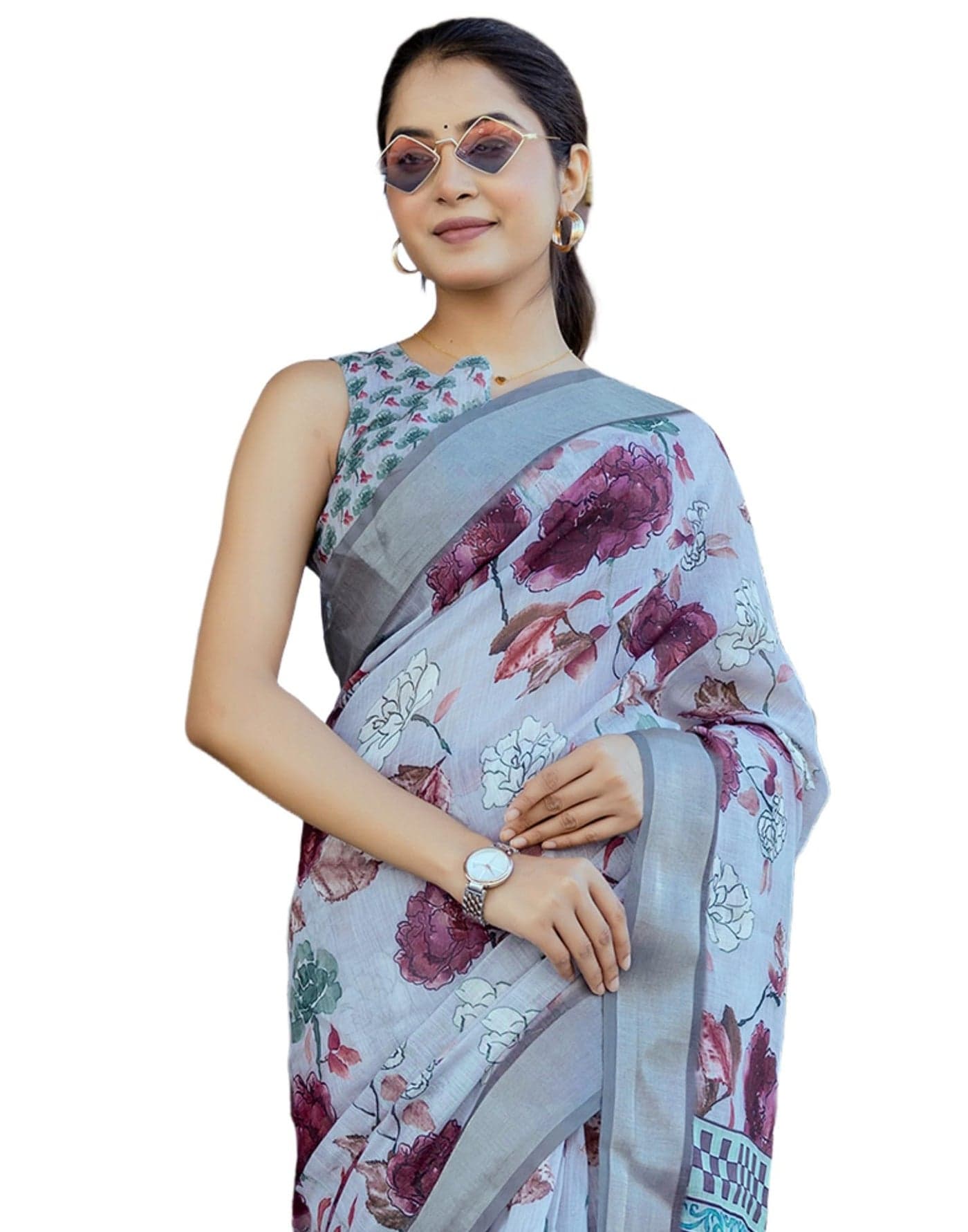 SIRIL Women's Cotton Linen Floral Printed Ready to Wear Saree With Unstitched Blouse Piece (56RS166_Light Sky Blue)
