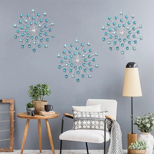DXYAKY Set of 3 Modern Starburst Wall Decor, Metal Wall Sculpture with Crystal Accents, Blue 3D Wall Art for Living Room, Bedroom & Home, Elegant Hanging Wall Decoration