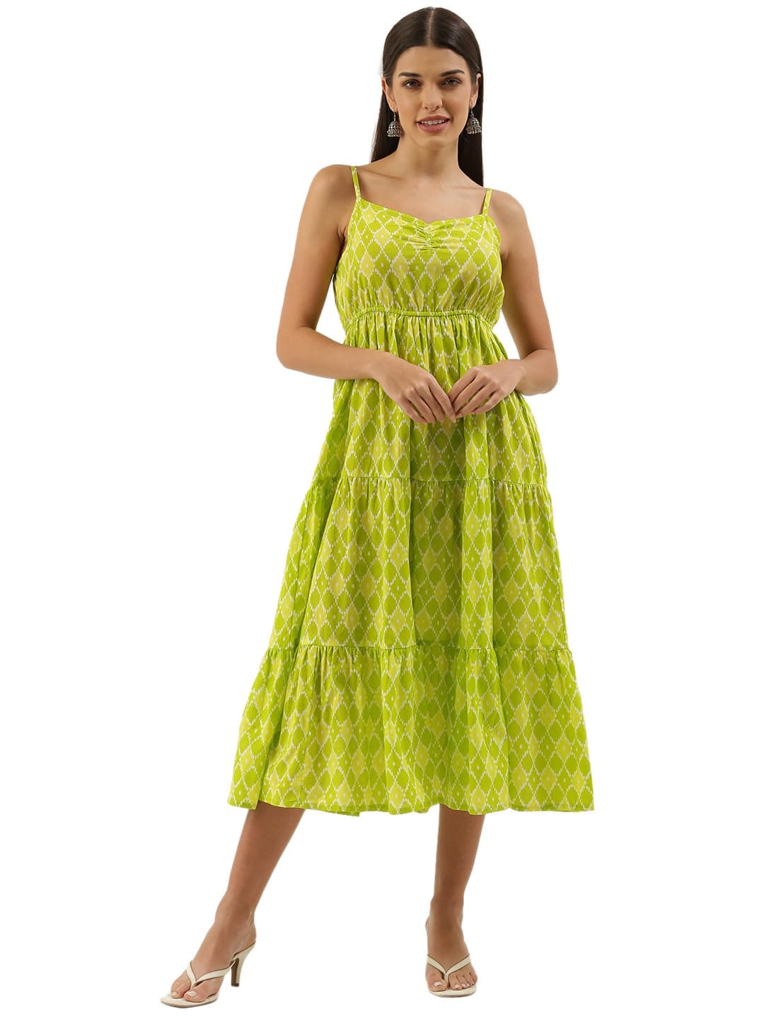FABRIC FITOOR Women Cotton Lime Green Color Geometric Print Fit & Flared A-Line Knee Length Dress with Shoulder Straps for Girls/Ladies, Small
