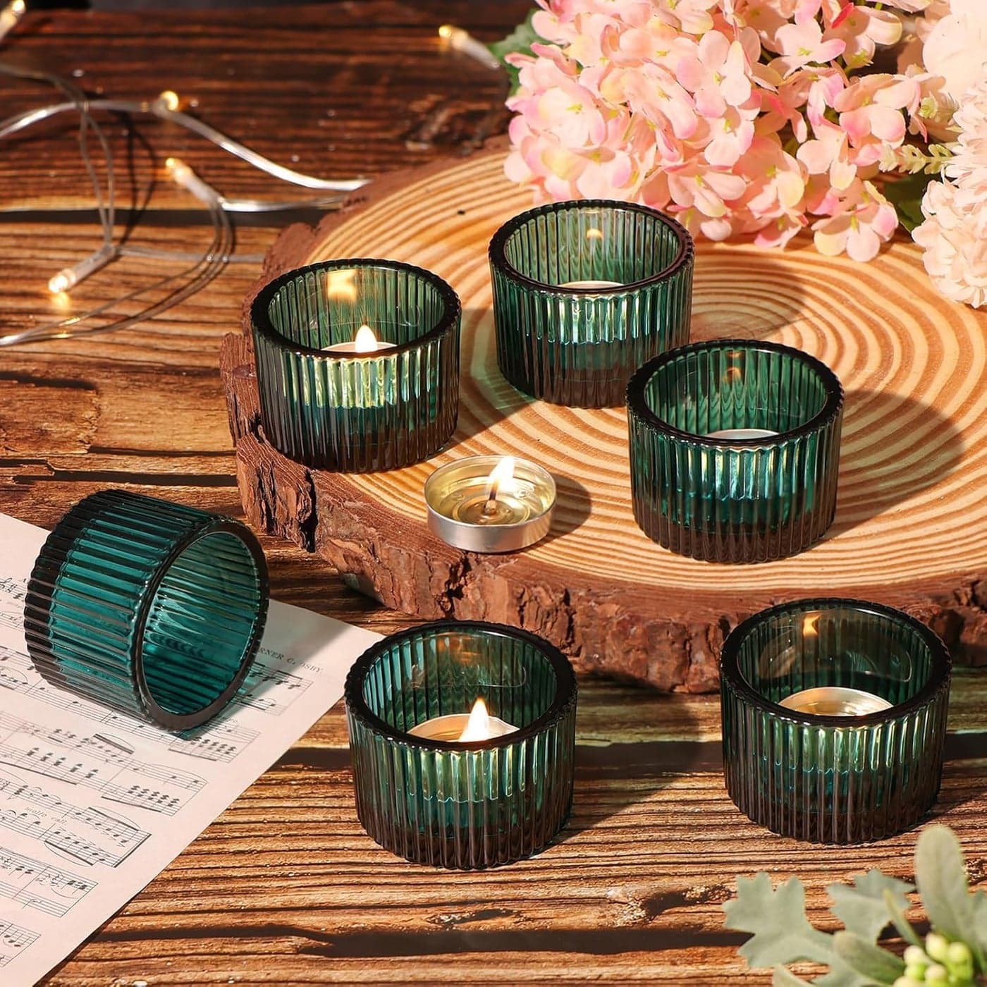 Mahganya Set of 6 Votive Glass Tealight Candle Holders Christmas Decorations Items for Home Dcor Living Room Bedroom Dining Table Green