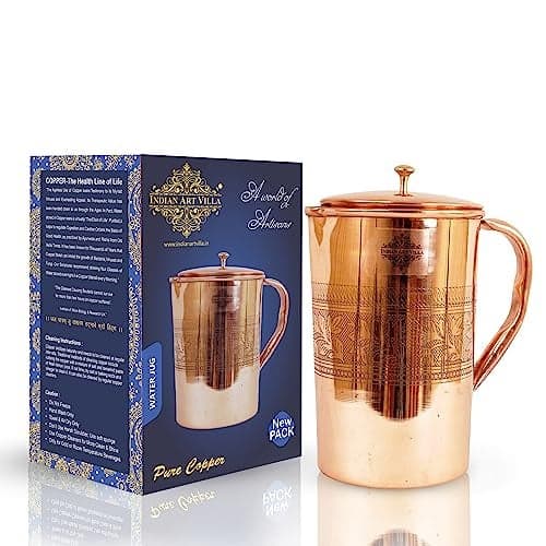 Indian Art Villa Copper Jug Pitcher, Embossed Design, Brass Knob, Serveware & Drinkware, Ayurvedic Health Benefits, 2 litres