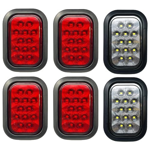 All Star Truck Parts 5x3 4x Red 2x White Rectangle Light 12 LED Stop/Turn/Tail Backup/Reverse Tow Truck Semi Trailer CM Flatbed Reading Postal Hitch Mounted RV Bus Grommet 3 Wire Pigtail Plug Kit 12V