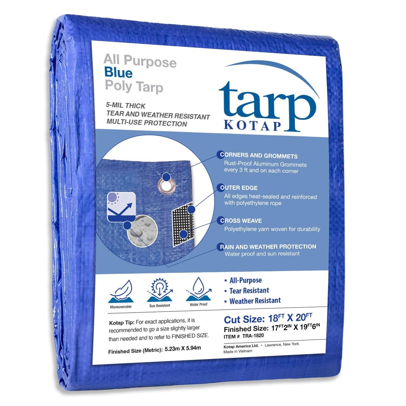 Kotap 18 x 20 Ft AllPurpose MultiUse ProtectionCoverage 5mil Poly Tarp Waterproof Blue TRA1820