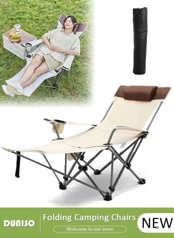 Folding Camping Chair with Removable Footrest and Adjustable Backrest for Adults, Portable and Lightweight Reclining Lounge Chairs with Pillow, Outdoor Camping Chair with Cup Holder and Side Pocket for Fishing, Picnic, BBQ, Hiking Travel, Beach