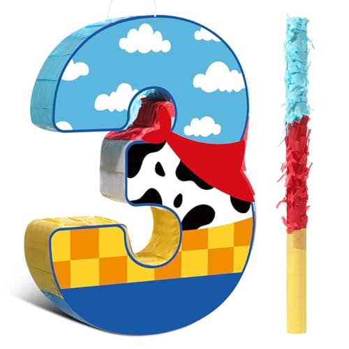 Hungdao Toy Inspired Birthday Piata for Kids Cartoon Cow Number Piata Decorations Summer Cartoon Game with Stick Red Scarf Blue Sky Cloud Boys Girls Baby Shower Farm Party FavorNumber 3
