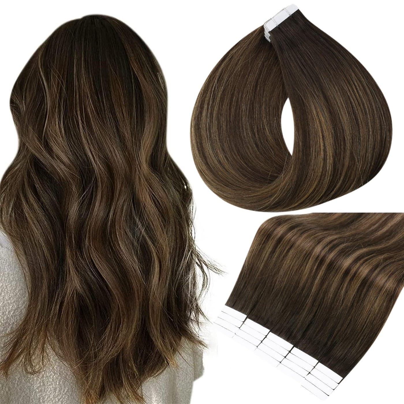Full Shine Tape Hair Extensions Real Human Hair 22 Inch Tape in Balayage Hair Extensions Color 2 Darkest Brown Fading to 8 Ash Brown Highlight 2 Pu Human Hair Extensions Invisible Tape ins 50G 20Pcs