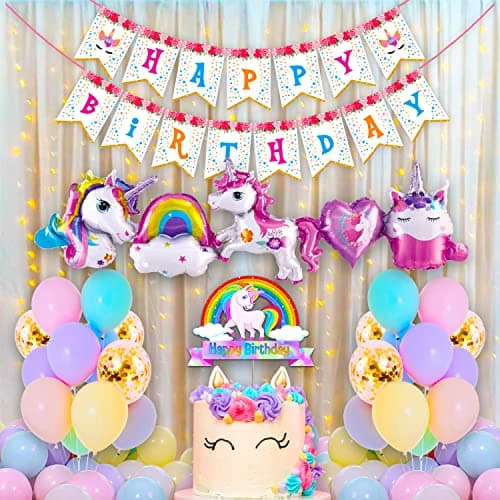 Party Propz Unicorn Birthday Decorations for Girls -50 Pcs, Birthday Decoration Items For Girl, Kids, Unicorn Theme Decorations Kit With Cake Topper