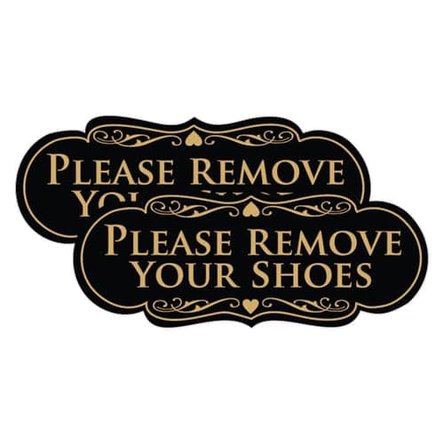 All Quality Designer Please Remove Your Shoes Wall or Door Sign - No Shoes Signage | Easy Installation - Black/Gold - Small (2 Pack)