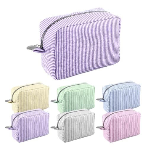 AojSup 6 Pcs Seersucker Makeup Bags Striped Makeup Bag Striped Women Large Travel Toiletry Organizer Preppy Storage Pouch for Embroidery Wedding Bridesmaid Bride Mom Gift