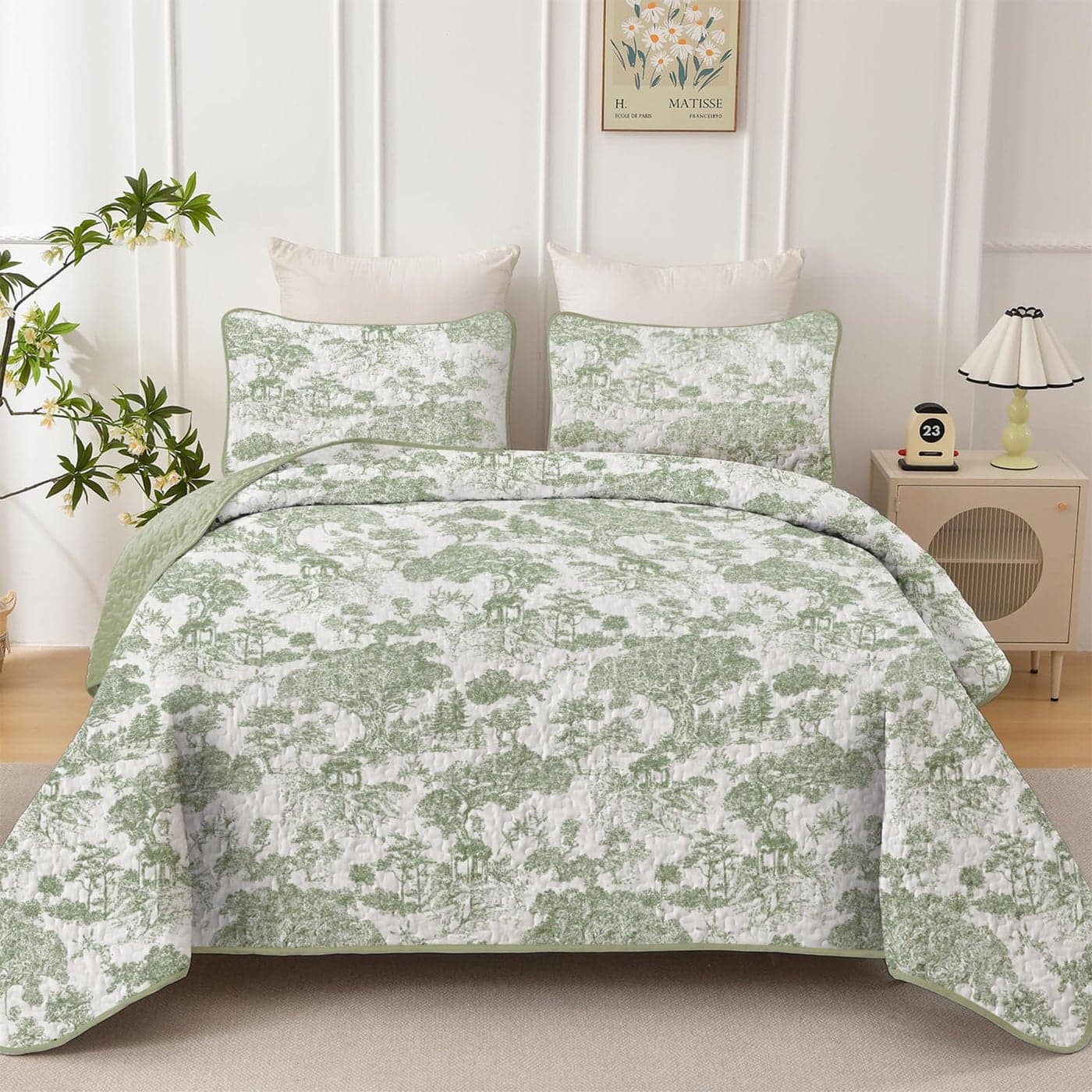 WONGS BEDDING Botanical Quilt Set California King Size Sage Green 3 Pieces Toile Floral Plants Printed Bedspread Bedding Set Soft Lightweight Microfiber Coverlet Set for All Season 11296