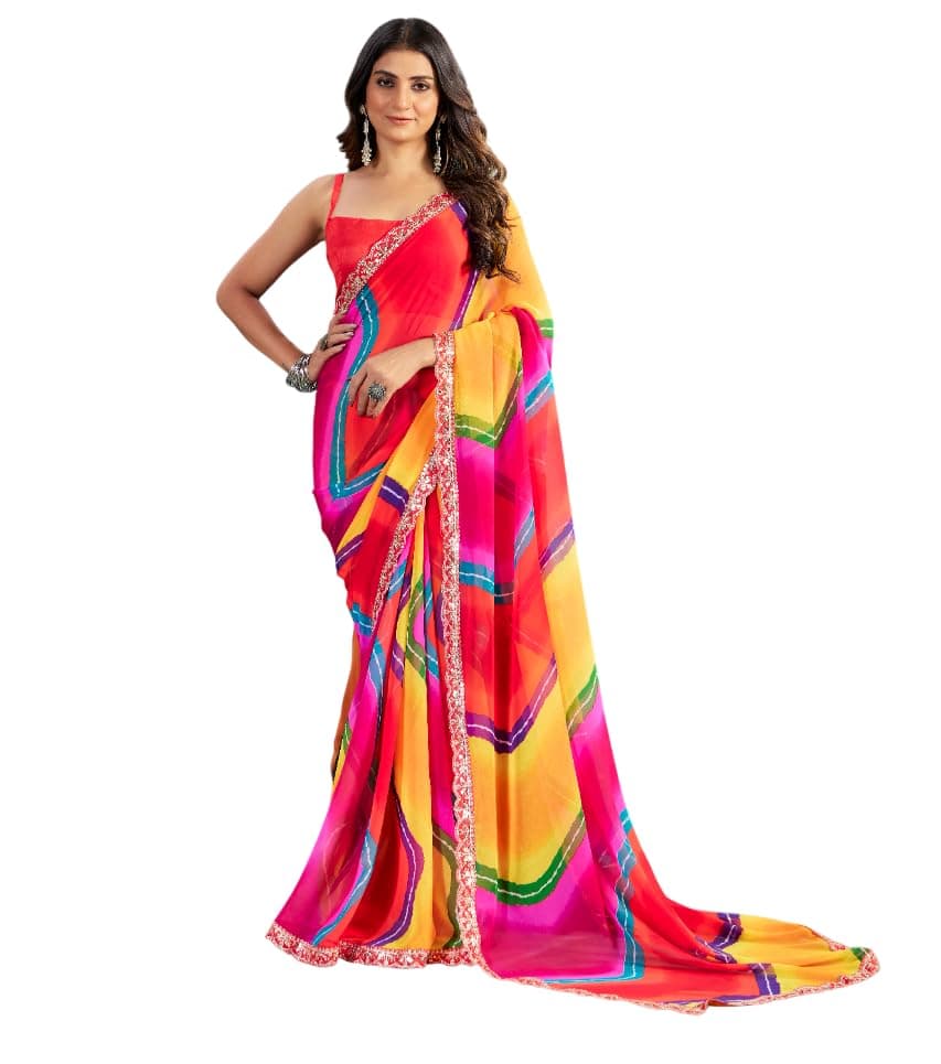 ORHANS Women's Georgette Leheriya & Bandhani Printed Embroidery Lace Saree With Unstitched Blouse Piece - Festival Designer Saree (Multi)