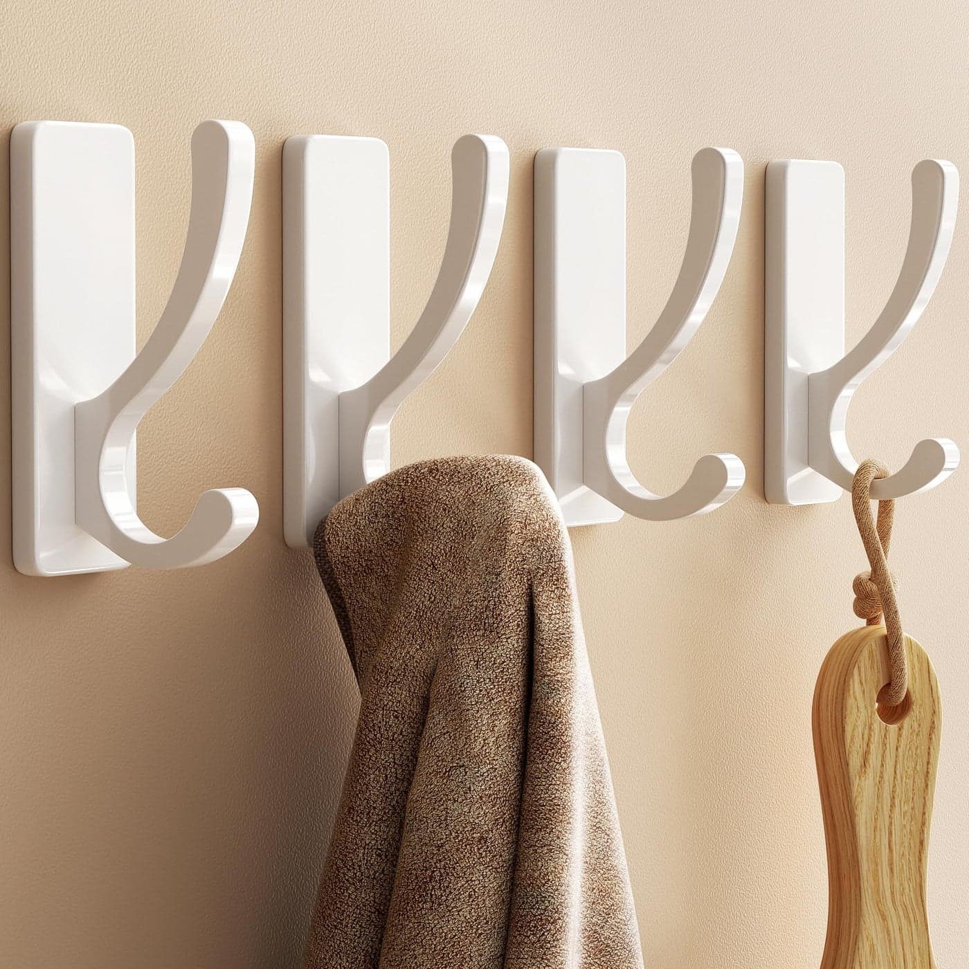 pickpiff Adhesive Wall Hooks for Towels Sticky Hook Hanging Heavy Duty 13lb Hanger for Door Bathroom Dorm Closet for Coats Purse Bag Robe No Damage to Wall White 4 Pack
