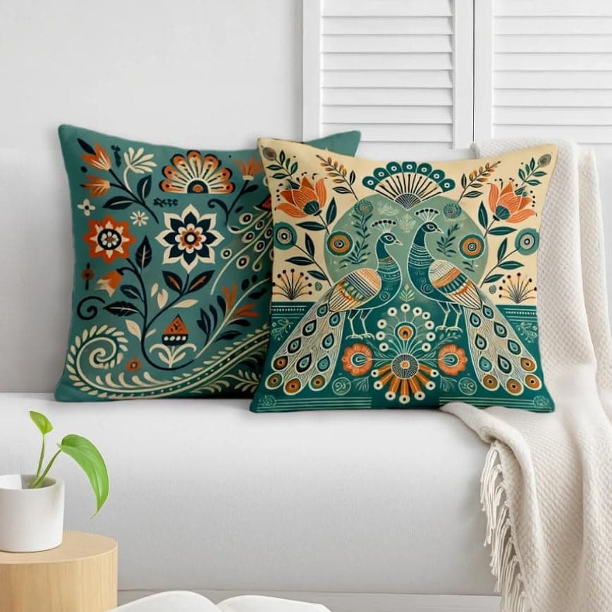 STITCHNEST Ethnic Satin Cushion Covers Twin Peacock with Floral Pattern, 16x16 Inch, Pack of 2 for Traditional Home Decor, Sofa Styling & Gifting