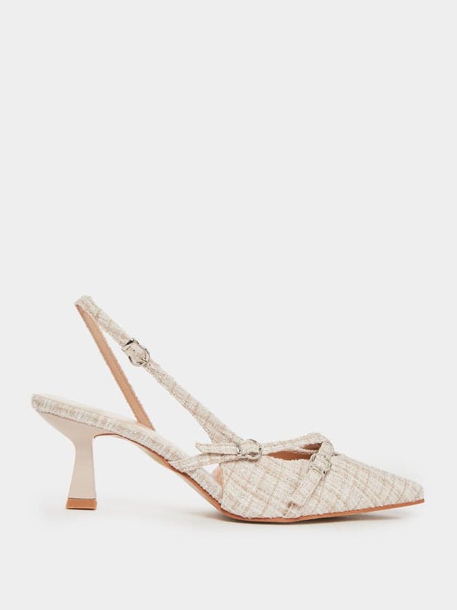 Tweed Slingback Kitten Heels Pumps