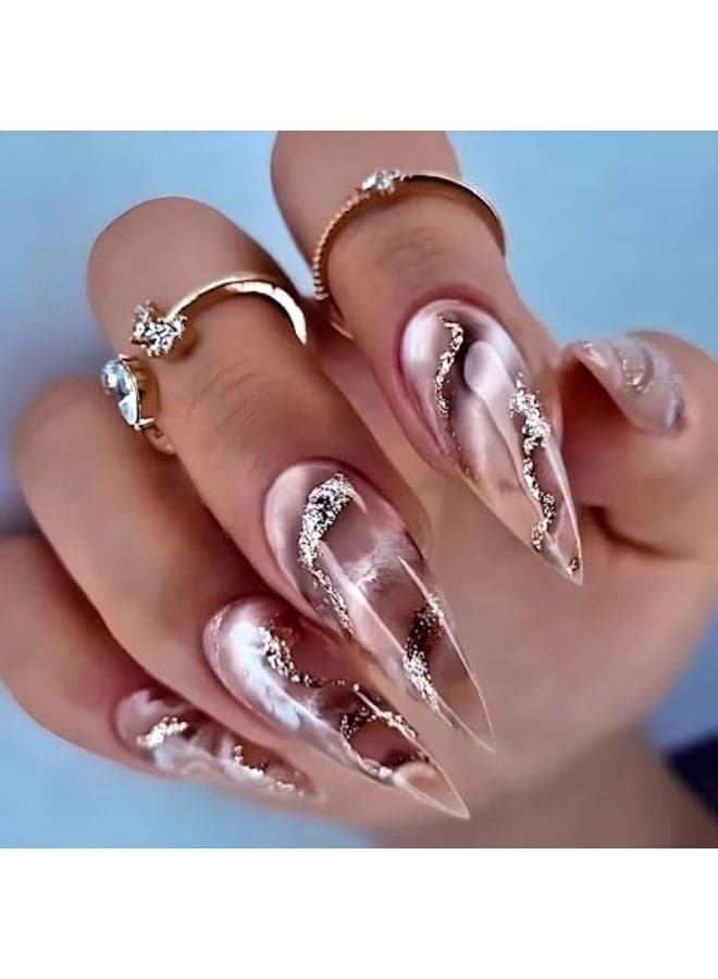 Almond Medium Gradient White Fake Nails Silver Glitter Glue Artificial Glossy Acrylic Full Cover False Nails for Women and Girls