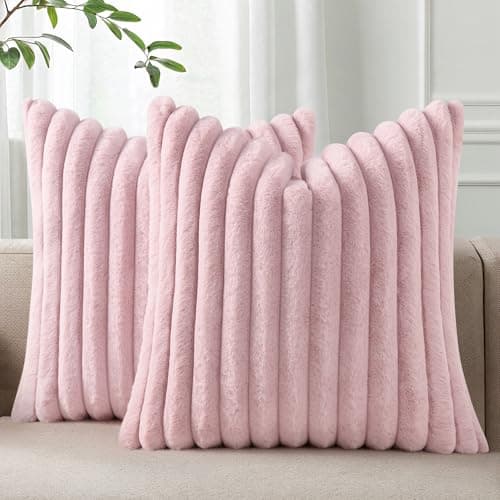 Pallene Faux Fur Plush Throw Pillow Covers 16x16 Set of 2, Luxury Soft Fluffy Striped Decorative Pillow Covers for Sofa, Couch, Living Room, Blush Pink