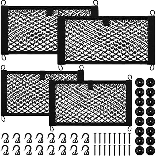 Tuanse 4 Pcs Stretchable Small Cargo Net Pocket Storage Mesh Elastic Automotive Cargo Nets with 16 Mounting Screws and Built in Hooks for Truck Car SUV Boats, 2 Sizes