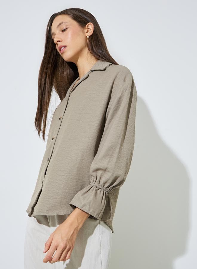 Khaki Button-Down Shirt with Frill Cuffs