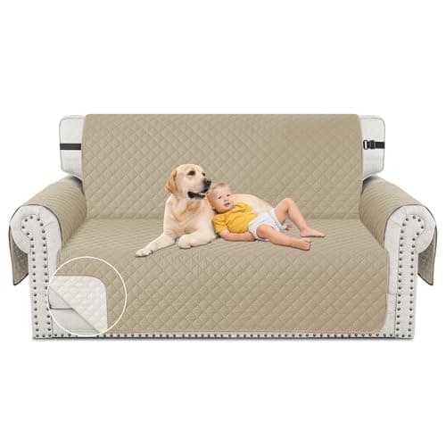 XINEAGE Loveseat Sofa Cover Waterproof Couch Covers for 2 Cushion Couch, Soft Washable Slipcover with Pockets & Non-Slip Elastic Straps, Thick Furniture Protector (Loveseat, Khaki)