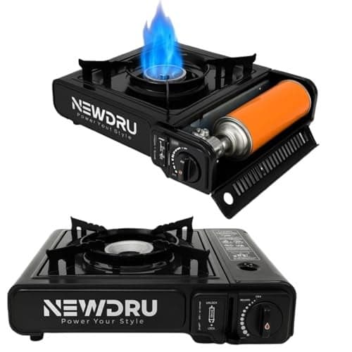 NEWDRU FlameGuard Pro Portable Butane Gas Camping Stove | Adjustable Flame, Overvoltage Protection | Lightweight & Durable for Outdoor Cooking (Without gas can) - Black